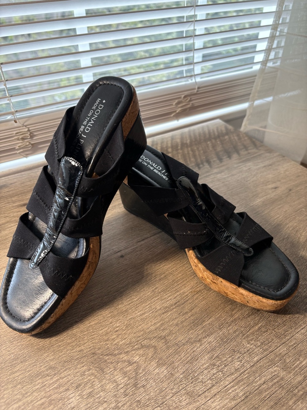 Donald J. Pliner Black Cork Wedge Sandals with Elastic Straps